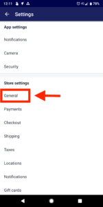 shopify store name app settings screen