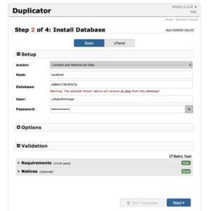 duplicator step 2 install database
